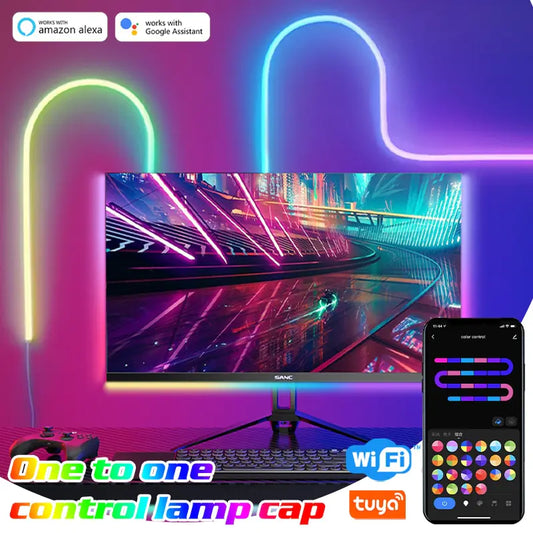 RGB LED Neon Light Bar with WiFi, App and Voice Control, Music Sync – Ideal for TV Backlighting and Room Decoration